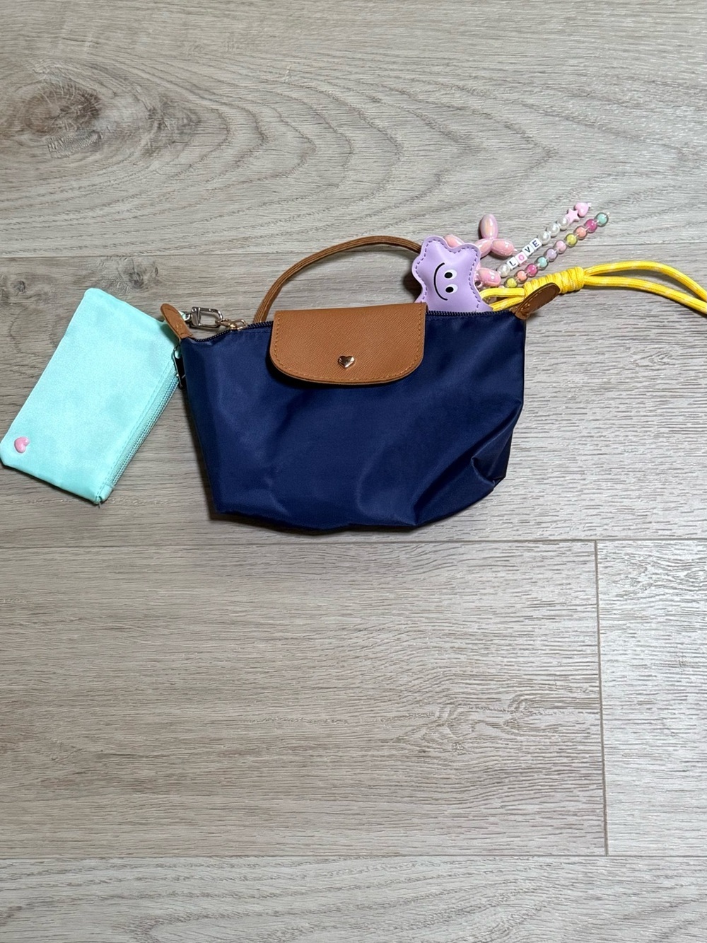 Navy Blue Handheld Nylon Wristlet with Tan Trim
